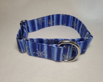 10 Silver Snowflakes on Glittery Sparkly Blue Striped Fabric 1.5 inch wide NYLON Adjustable Martingale Dog Collar Handmade Stainless Steel