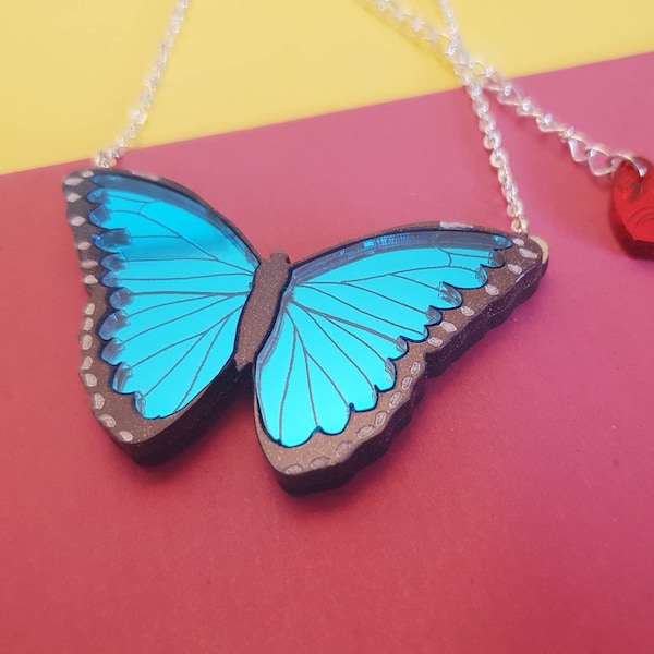 Collier/broche papillon miroir turquoise vibrant