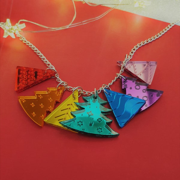 Rainbow mirror Christmas tree necklace