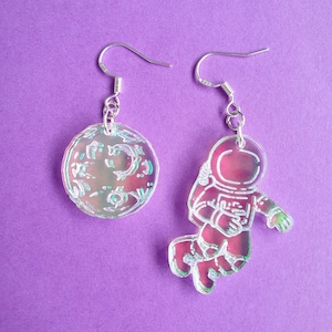 Iridescent acrylic mismatched astronaut and moon earrings