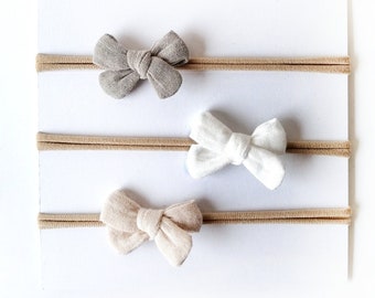 small hair bow, baby hairband, baby hairband, muslin, white, beige, taupe | MINI