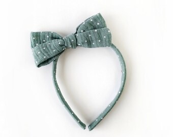 Hair band with bow for children, muslin, mint dark with dots