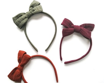 Haarreifen mit Schleife für Mädchen - Kinderhaarreifen aus Musselin - Herbst - khaki, bordeaux, kupfer