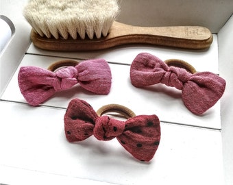 Hair bow hair tie, muslin, cable tie bow, old pink, pink, reddish brown dots