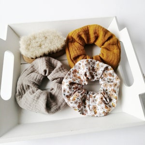 small scrunchie for children, hair tie, autumn colors mustard yellow, taupe, flowers
