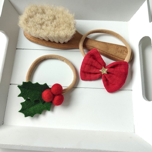 Baby Christmas headband set, red hair bow + mistletoe