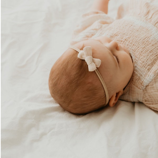 small hair bow, baby hairband, baby hairband, muslin, beige, MINI