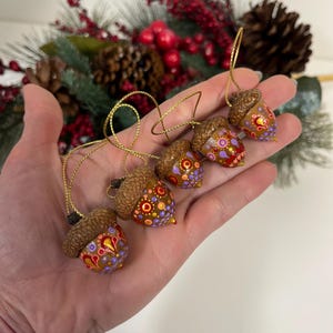 Hand Painted Natural Jumbo Acorn Ornaments | Dot Art | Thanksgiving Decor | Fall Decor | Christmas Decor  (Pattern - Set of 5)