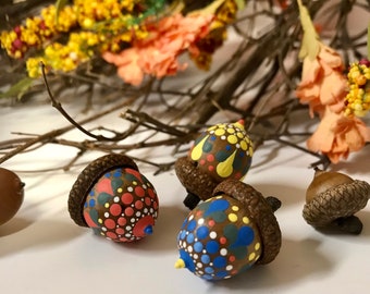 Hand Painted Natural Acorns | Dot Art | Mandala Acorn | Thanksgiving Decor | Fall Decor | Table Centrepiece  (Set of 3)