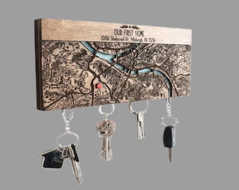 Our First Home Map, Magnetic Key Holder For Wall, Custom Coordinates Wood Map Key Organizer, Housewarming Gift for Couple