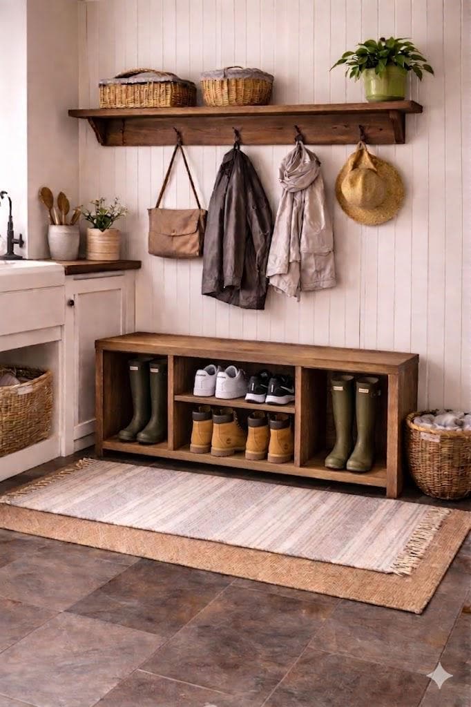 Handmade Bespoke Rustic Shoe & Welly Rack Storage Bench, Entryway