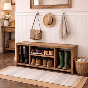Handmade Bespoke Rustic Shoe & Welly Rack Storage Bench, Entryway Hallway Organiser, Solid Wood Seating