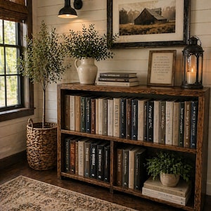 May include: A wooden bookcase with a selection of books, a framed landscape print, and decorative items. The shelves are stained a warm brown, and the books have various colored spines. A small potted plant and a lantern with a lit candle create a cosy atmosphere.