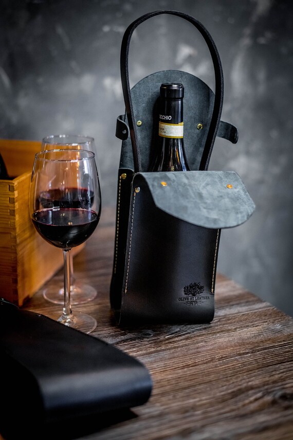 Genuine Leather Wine Carrier, Wine Bag, Wine Tote, Black Leather