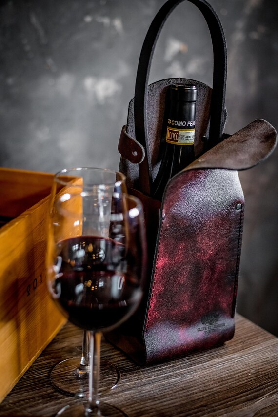 Genuine Leather Wine Carrier, Wine Bag, Wine Tote, Red and Black Leather
