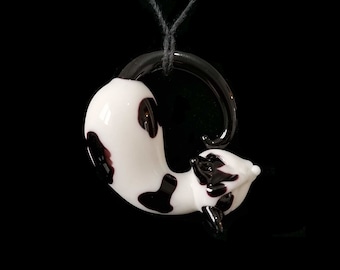 Murano glass Black and White Spotted Cat Pendant Necklace. Beautiful Jewellery Tuxedo sculpture. Custom gift charm. Original Art. Bead charm