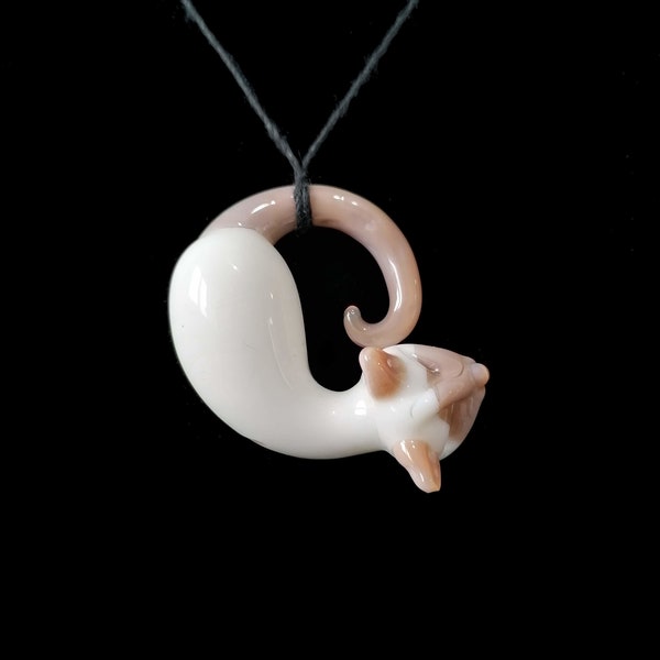 Murano blown glass handmade Brown and White Cat Pendant Necklace. Hand blown original Art jewelry.  Cat ornament. Siamese, Anniversary