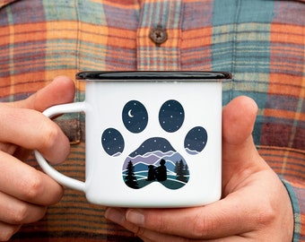 Dog Paw Print Mountain Guy with Dog Camp Mug || custom camper mug camping mug customized enamel mug hiking gifts campfire mug metal mug