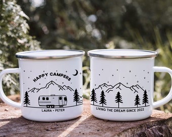 Happy Campers Airstream Personalized Mug || custom camper mug camping mug customized enamel mug hiking gifts campfire mug metal mug present