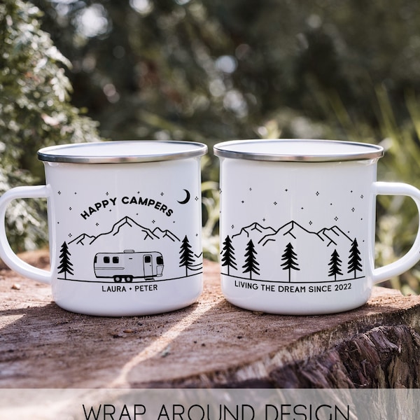 Happy Campers Airstream Personalized Mug || custom camper mug camping mug customized enamel mug hiking gifts campfire mug metal mug present