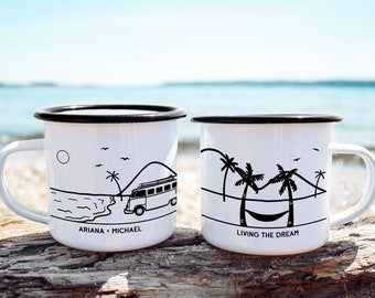 Beach Bus Happy Camper Personalized Camp Mug ||custom camper mug camping mug customized enamel mug beach mug campfire mug metal mug present