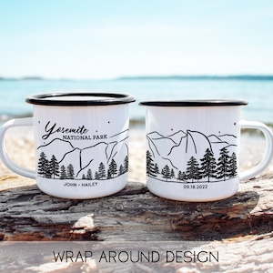 Yosemite National Park Personalized Camp Mug || custom camper mug camping mug customized enamel mug hiking gifts campfire mug metal mug