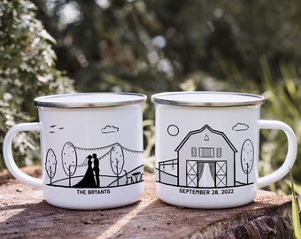 Barn Wedding Personalized Camp Mug || custom camper mug camping mug customized enamel mug hiking gifts campfire mug metal farm wedding favor