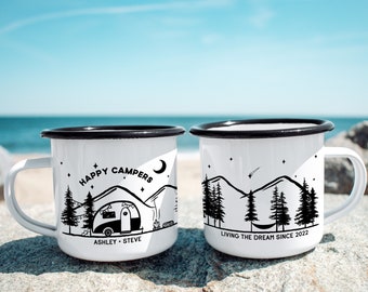 Happy Campers Personalized Mug || custom camper mug camping mug customized enamel mug hiking gifts campfire mug metal mug present for rv