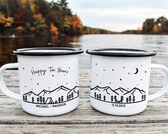 Happy Tin Years Personalized Mountain Camp Mug || custom camper mug camping mug customized enamel mug hiking gifts campfire mug metal cup