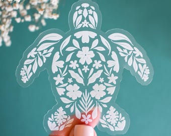 Sea Turtle Floral Clear Vinyl Sticker || ocean stickers surf sticker summer decor coastal artwork nature sticker beach sticker flowers