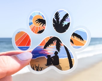 Dog Paw Print Beach Guy with Dog Clear Vinyl Sticker || ocean stickers surf sticker summer decor coastal artwork nature art beach sticker