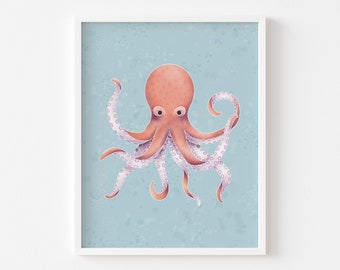 May include: A pink octopus with white and purple spotted tentacles on a light blue background.