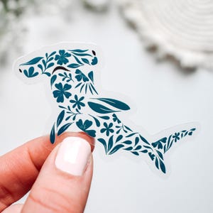 Hammerhead Shark Floral Clear Vinyl Sticker || ocean sticker surf sticker summer decor coastal beach sticker art sea creature sea animal