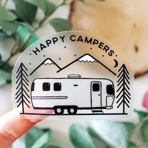 Happy Campers Airstream Vinyl Sticker || hiking stickers outdoor nature sticker adventure mountain art unique hiking gifts rv camper decor