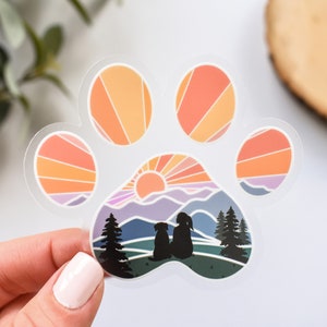Dog Paw Print Mountain Girl with Dog Clear Vinyl Sticker || hiking stickers outdoor nature sticker adventure art unique hiking gifts sunset