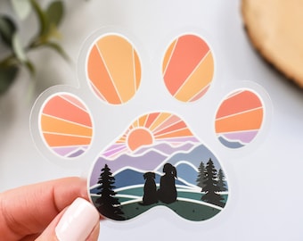 Dog Paw Print Mountain Girl with Dog Clear Vinyl Sticker || hiking stickers outdoor nature sticker adventure art unique hiking gifts sunset