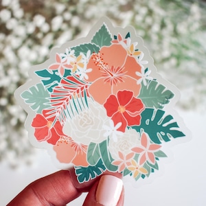 Tropical Flowers Clear Vinyl Sticker || ocean stickers surf sticker summer decor coastal artwork nature sticker art beach sticker aesthetic