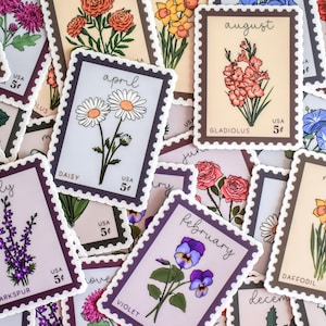 Birth Month Stamps Clear Vinyl Stickers || floral sticker outdoor nature stickers garden art botanical floral spring aesthetic stickers