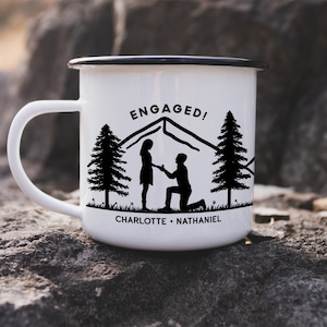 Engaged Couple Personalized Camp Mug custom camper mug camping mug customized enamel mug campfire mug engagement gifts for couple unique image 4