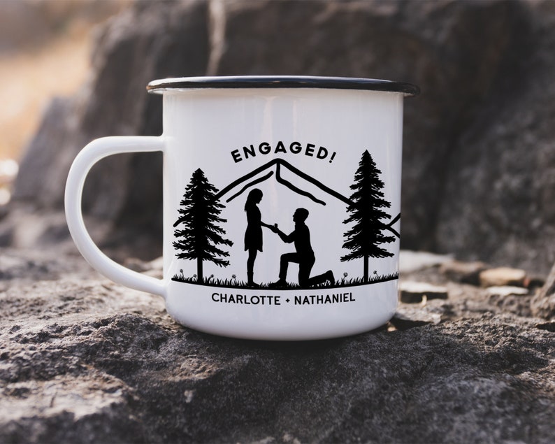 Engaged Couple Personalized Camp Mug custom camper mug camping mug customized enamel mug campfire mug engagement gifts for couple unique image 4