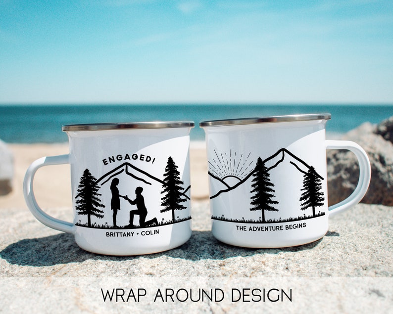 Engaged Couple Personalized Camp Mug custom camper mug camping mug customized enamel mug campfire mug engagement gifts for couple unique Silver Rim