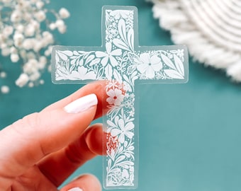 Cross Clear Vinyl Sticker || christian stickers christian car decal bible verse stickers faith sticker aesthetic sticker botanical flowers