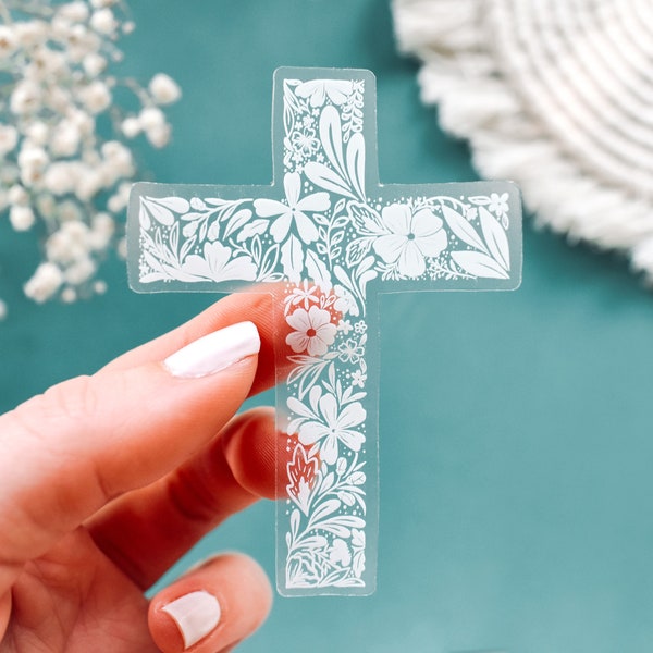 Cross Clear Vinyl Sticker || christian stickers christian car decal bible verse stickers faith sticker aesthetic sticker botanical flowers
