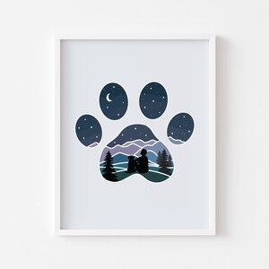 Dog Paw Print Mountain Guy with Dog Art Print || nature wall art unique hiking gifts for men wilderness hiker gift home decor camper decor