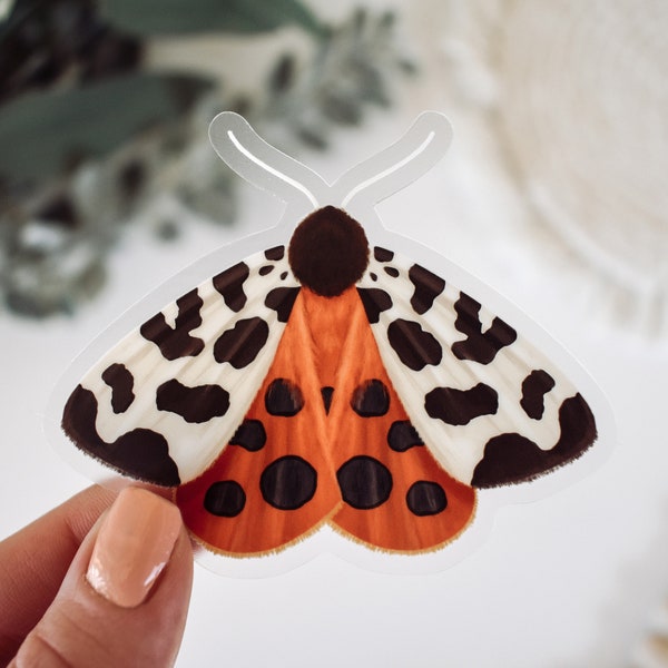 Garden Tiger Moth Clear Vinyl Sticker || outdoor nature stickers spring decor summer decor artwork garden art aesthetic orange moth sticker