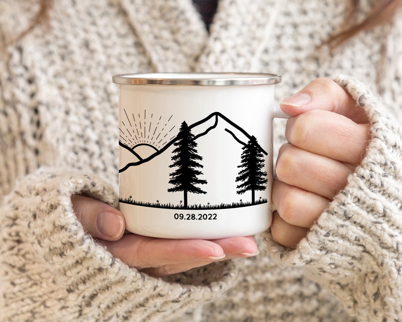 Engaged Couple Personalized Camp Mug custom camper mug camping mug customized enamel mug campfire mug engagement gifts for couple unique image 5