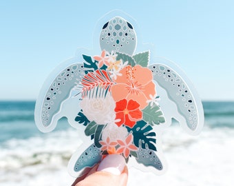 Autocollant en vinyle transparent tortue de mer et fleurs || Stickers océan autocollant surf été décor côtier oeuvres d'art autocollant nature autocollant plage floral