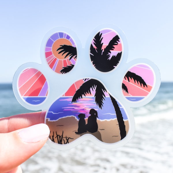 Dog Paw Print Beach Girl with Dog Clear Vinyl Sticker || ocean stickers surf sticker summer decor coastal artwork nature art beach sticker