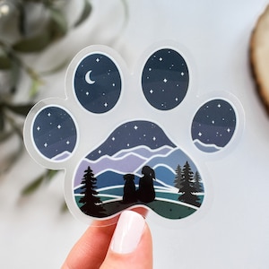 Dog Paw Print Mountain Girl with Dog Clear Vinyl Sticker || hiking stickers outdoor nature sticker adventure art moon and stars sticker