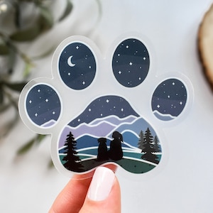 Pegatina de vinilo transparente con huella de pata de perro, chica de montaña con perro // Pegatinas de senderismo, pegatinas de naturaleza al aire libre, arte de aventura, pegatinas de luna y estrellas